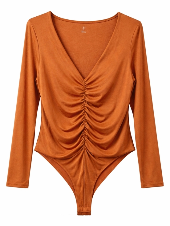 A New Day Ruched Bodysuit Size Large Burnt Orange Deep V Neck Long Sleeve Office - Picture 2 of 9